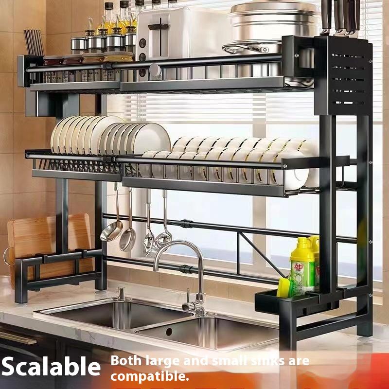 Multifunctional Retractable Kitchen Sink Carbon Steel Drain Rack Washing Rag Bowl Rack Chopsticks Knife Storage Rack