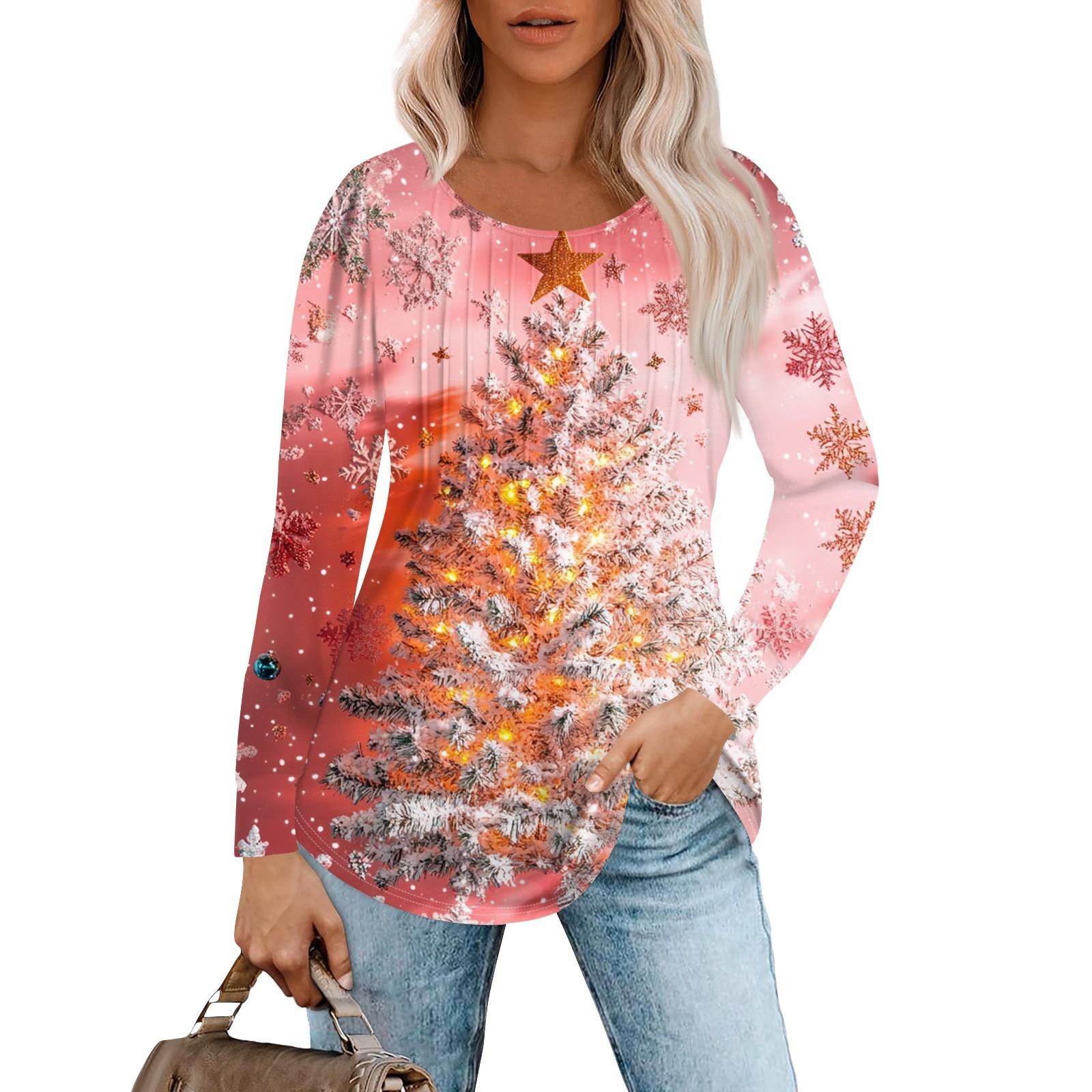 

Женская повседневная футболка с круглым вырезом и длинными рукавами с рождественским принтом и складками XXL