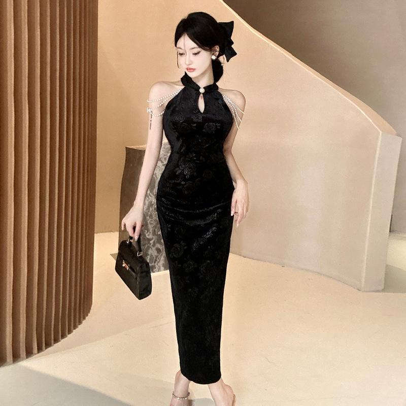 Пикантная Девушка Платье-Ципао Bodycon с Открытыми Плечами, Украшенное Жемчугом E444 Small