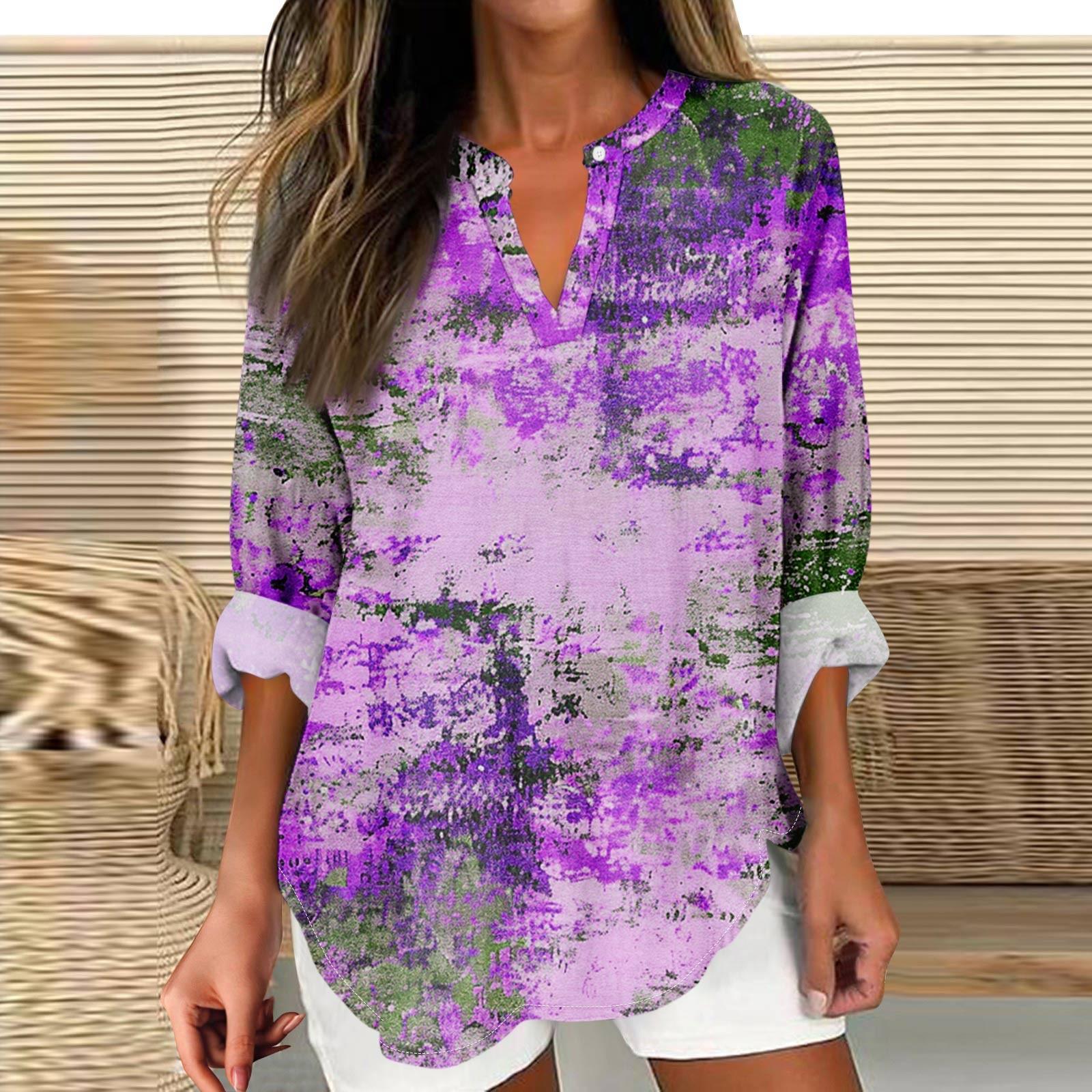 

Женский повседневный модный топ с v-образным вырезом и принтом, футболка с длинными рукавами, топ S фиолетовый