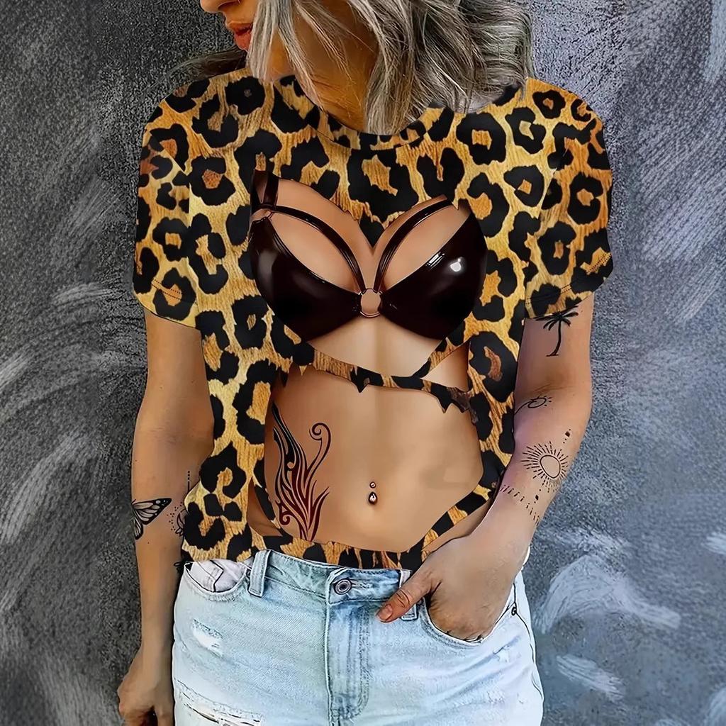 Summer Round Neck 3D Sexy Print Top Fashionable Casual Short Sleeved Women's T-shirts