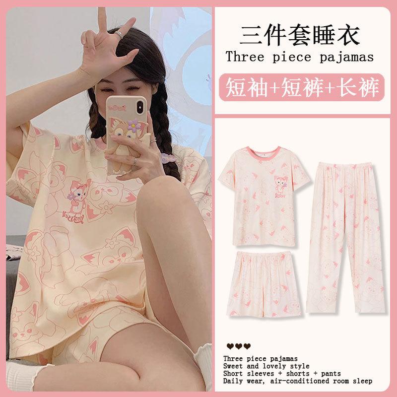 Summer Korean Sweet Pajamas Women's Crew Neck Short-sleeved Three-piece Comfortable Women's Loungewear Spot Straight Hair