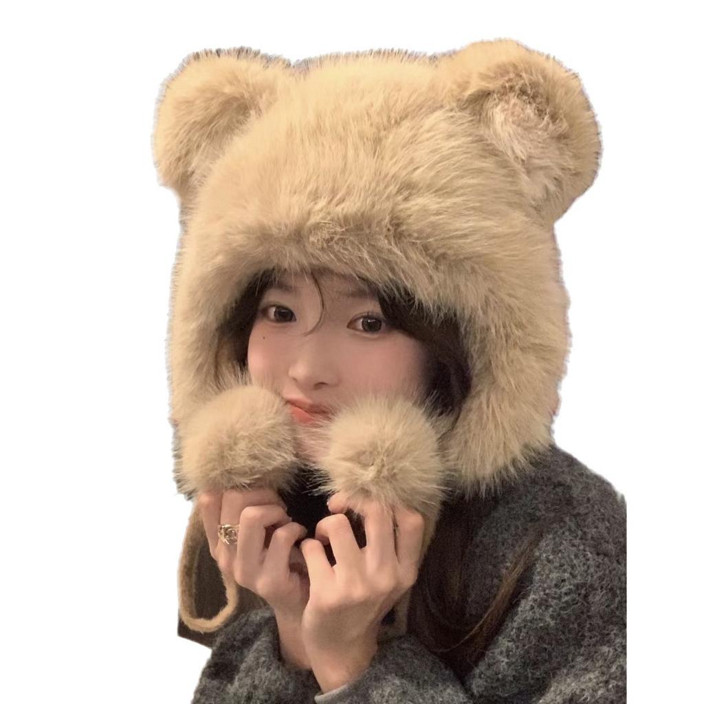 Cute Bear Plush Hat Thickened Imitation Fox Hair Thermal Ear Hat Cold-Proof Outdoor Lei Feng Hat Lace-Up