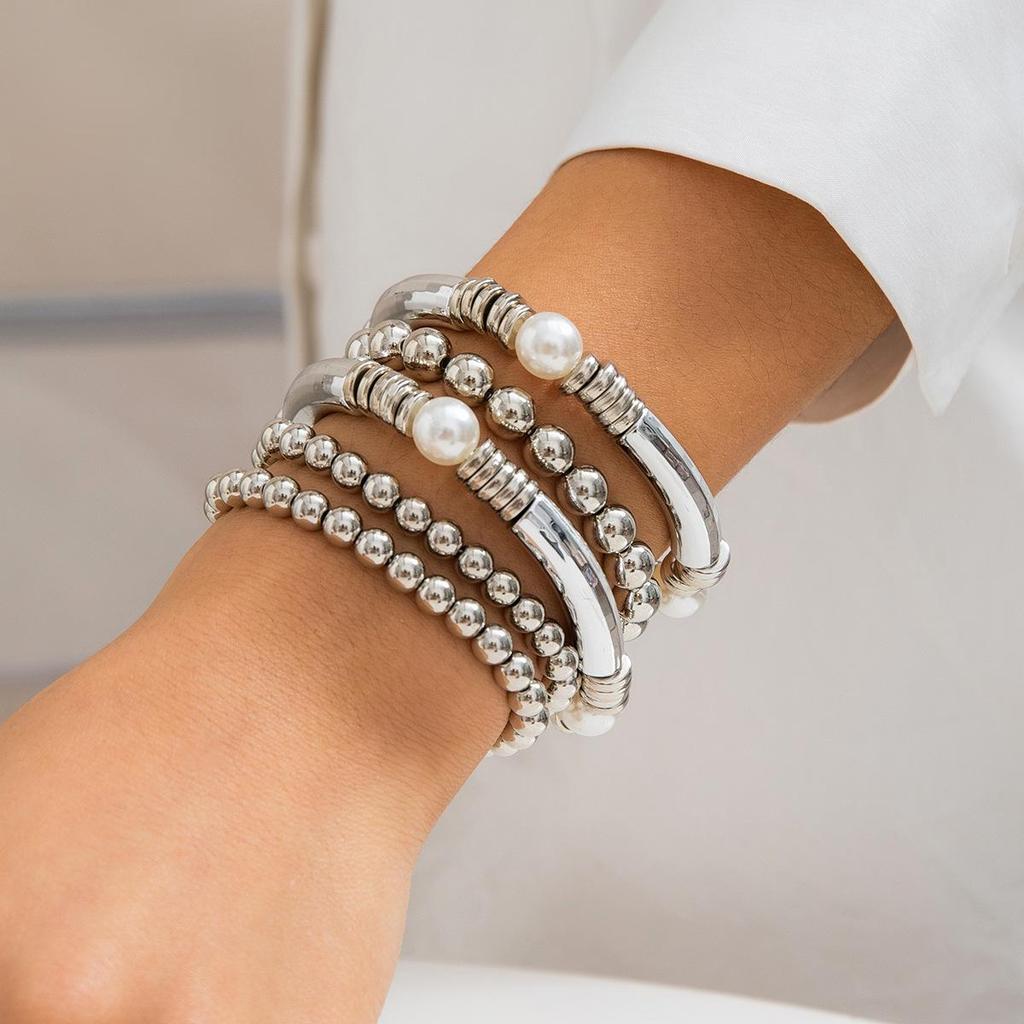 Retro Faux Pearl Metallic Bracelet Set: European & American Style, Simple Multi-Piece Beaded Designs