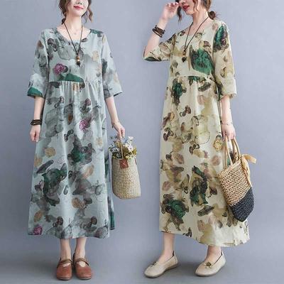 Summer New Literary Large Size Loose Thin Round Neck Five-minute Sleeve Age Reduction Women's Dresses