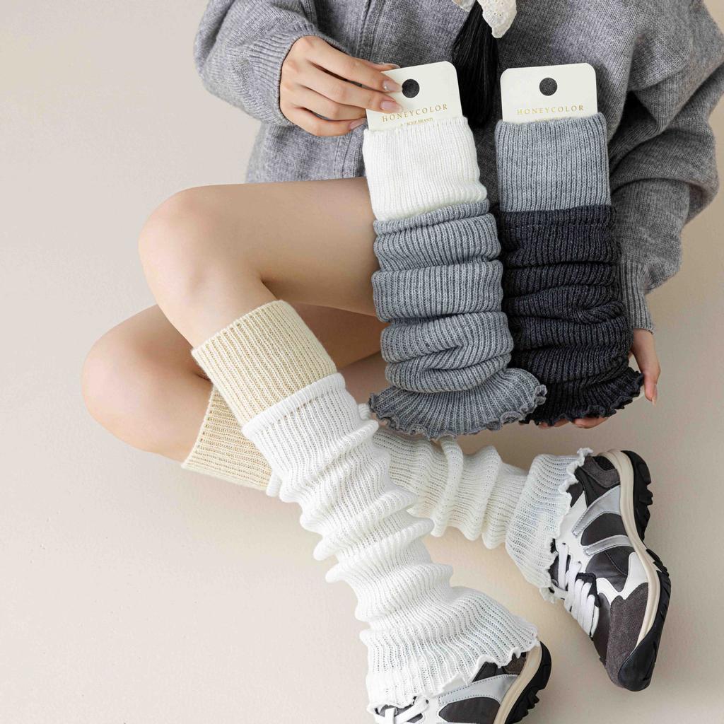 Color-Blocked Sock Covers Stacked Warm Knitted Calf Socks Gray Gray White Leg Cover Flared Sheath