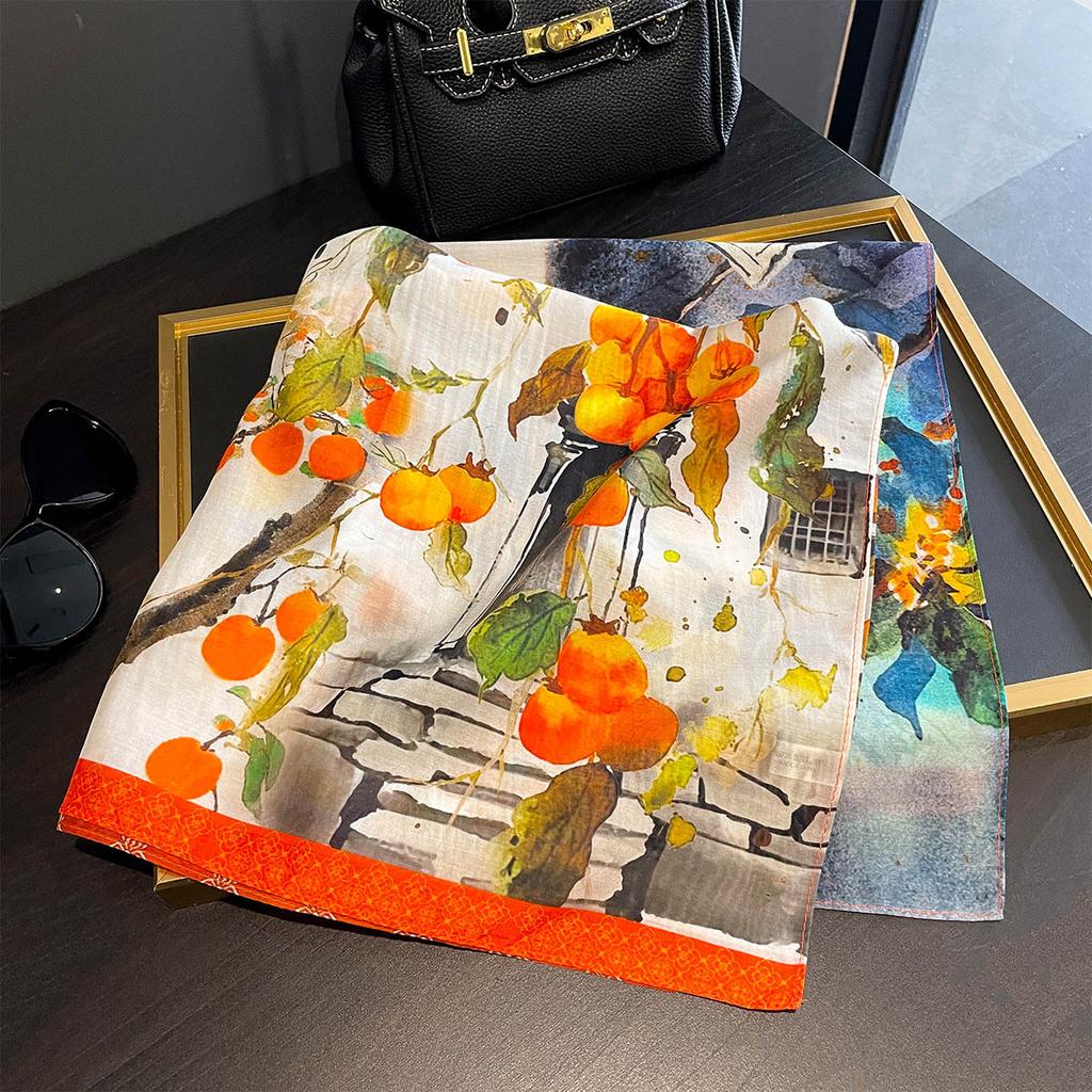 1116 Summer a Variety of Hot-selling Classic Versatile Polka Dot Floral Printing Silk Scarf Thin Sunscreen Silk Cotton Square Scarf