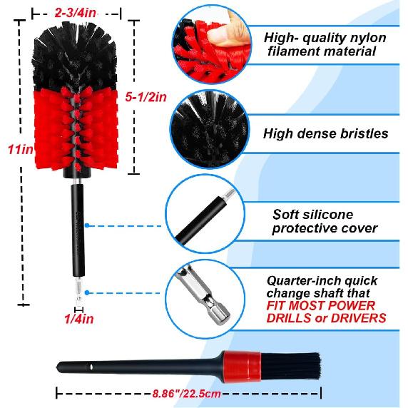 Wheel Brush Kit, Soft Drill Wheel Cleaner Brush, No Scratches Highly Dense Car Cleaning Brush Set For Wheels, Rims, Engines, Exhaust(Red/Black,2Pcs)