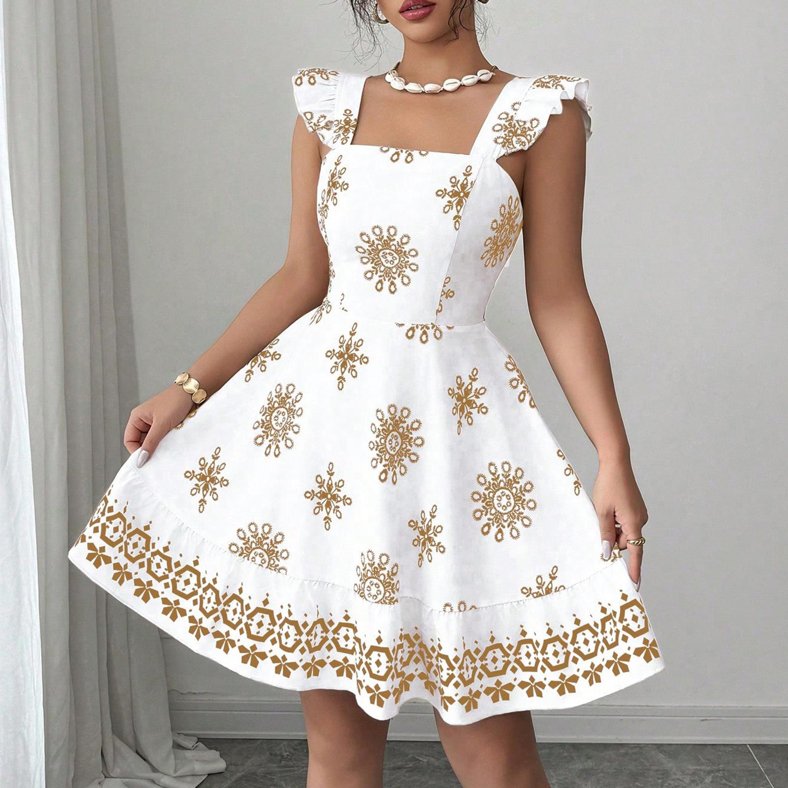 

Ladies Fashionable Casual Printed Flying Sleeve Small Suspender Dress M кавовий