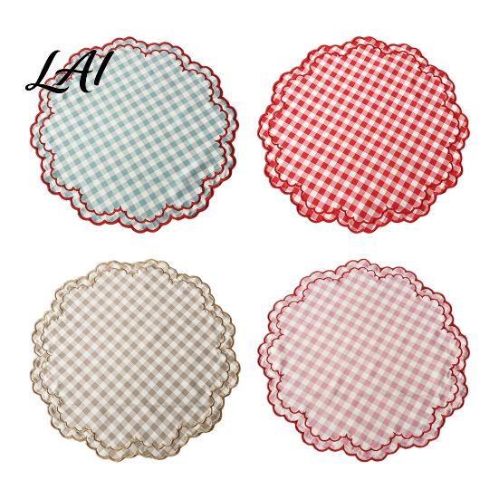 Heat Proof Mats for Dining 2Pcs Round Plaid Fabric Placemats Scalloped Tableware Coasters Resistant Plate Washable Place Table Tea Party