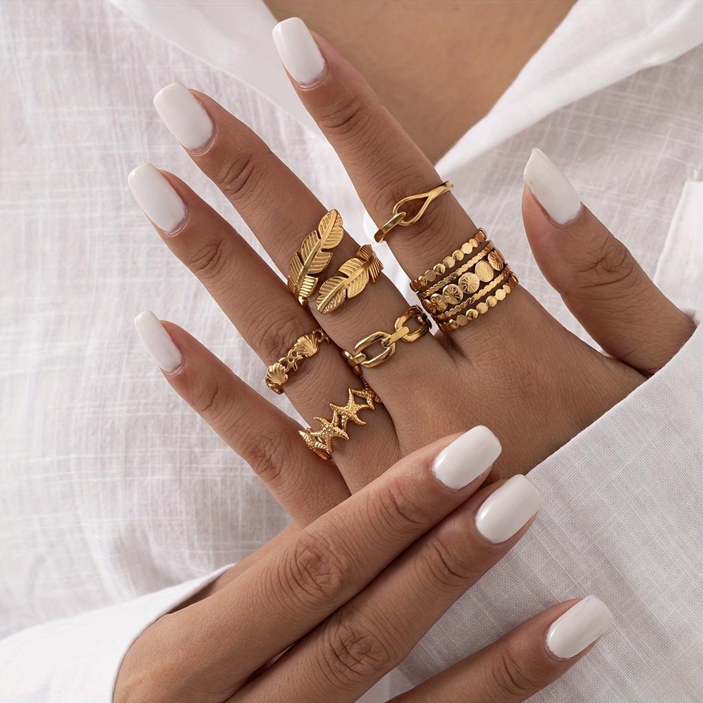 6Leaf and starfish stainless steel women's open ring setpcs Chain-style hollow ring set is a perfect choice for summer vacations and dates, an