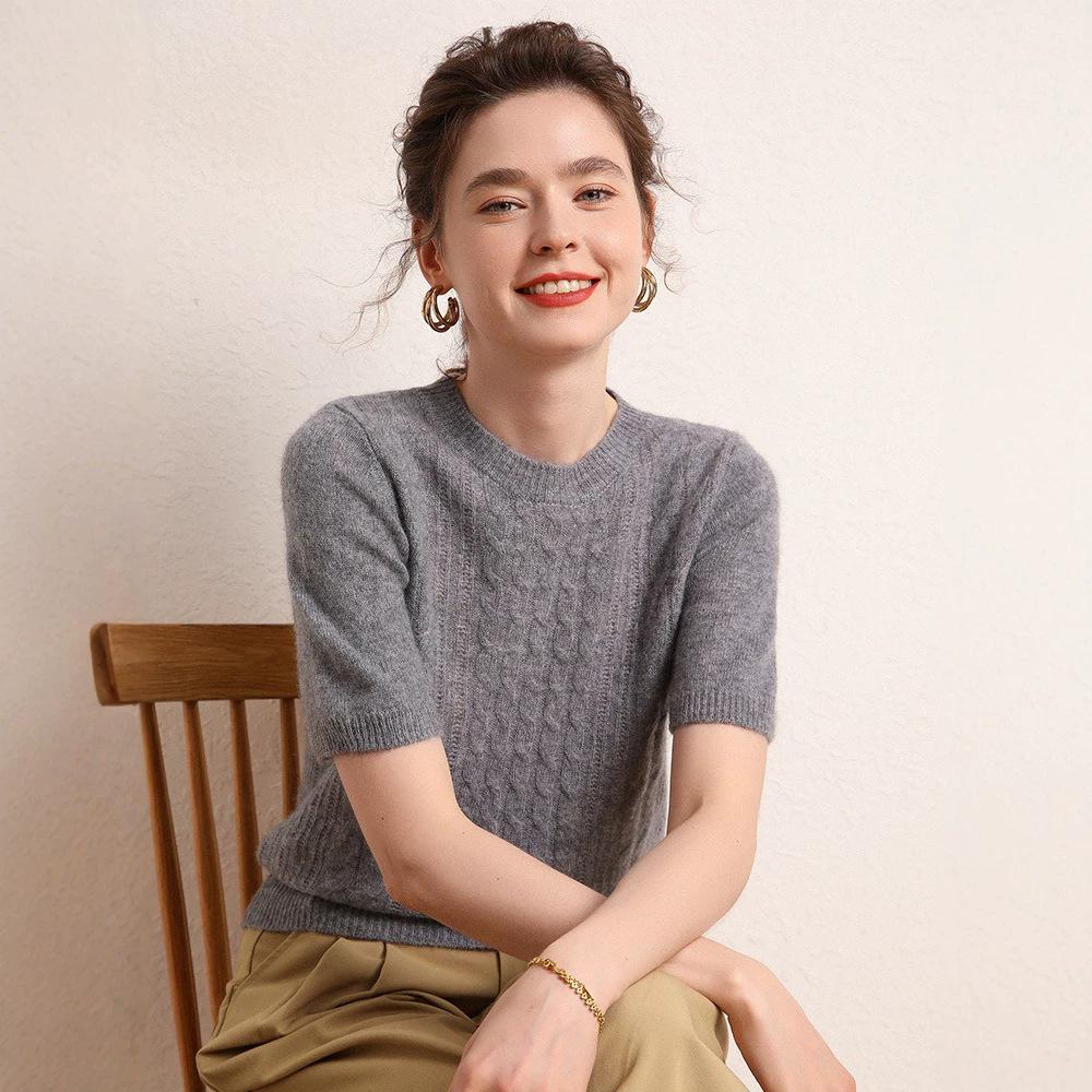 Early Autumn Women's Cashmere Short Sleeve Loose Cable Knit Sweater