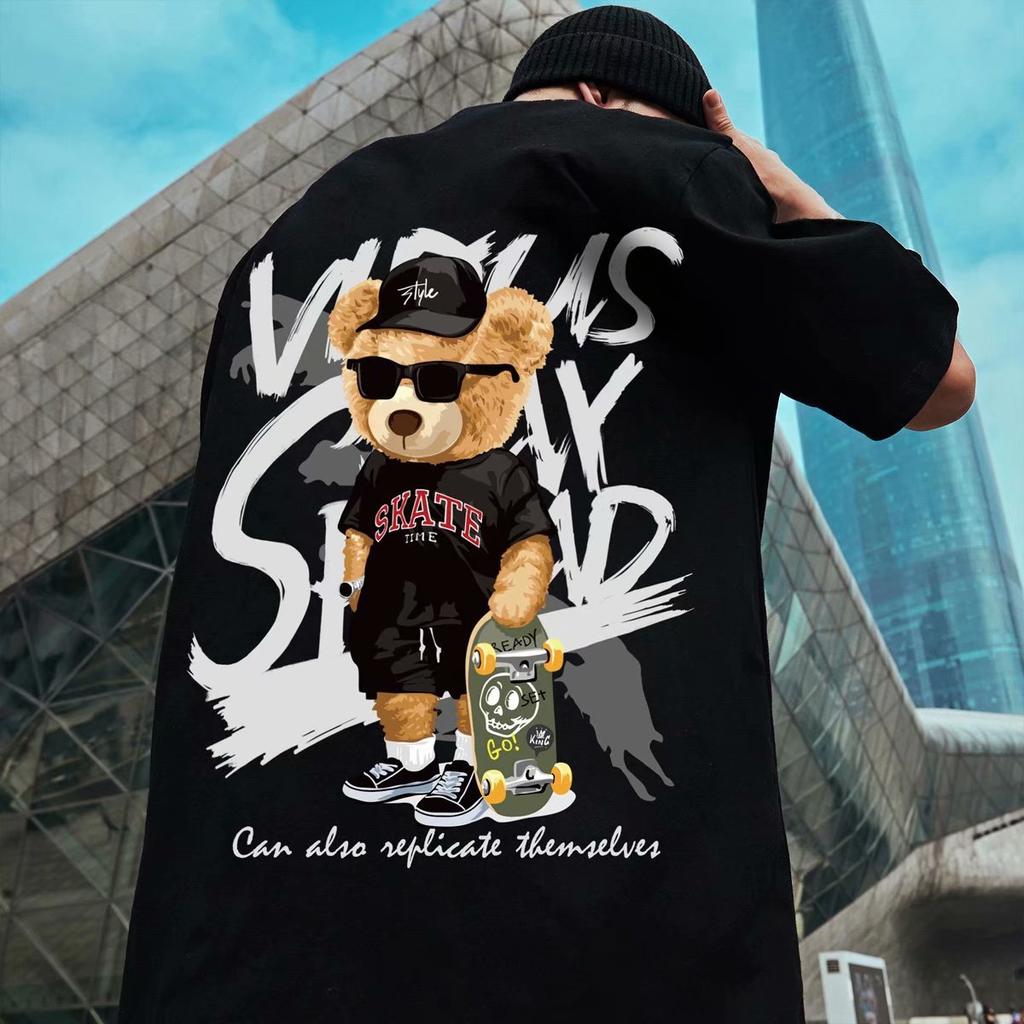 Hip-hop Bear Print Short-sleeved T-shirt Men's Trend Ins Loose Large Size T-shirt Summer Male Pullover T-shirt