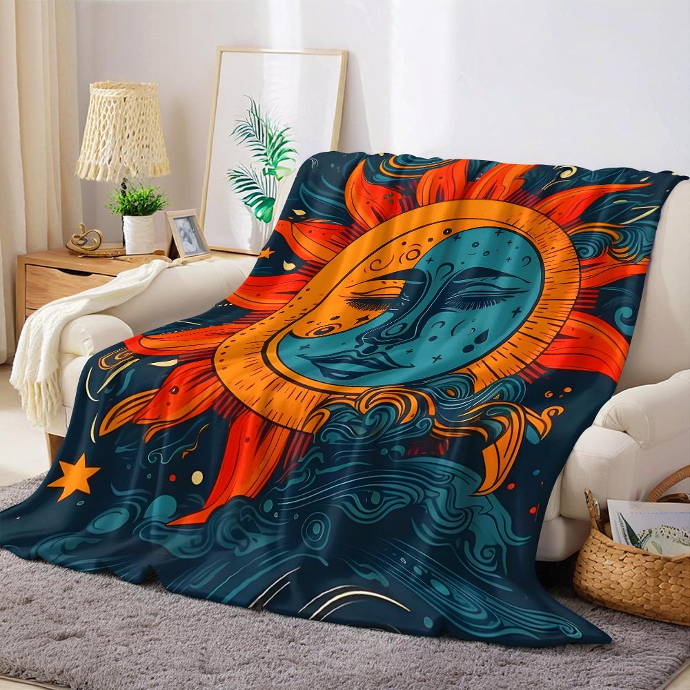 Sun & Moon Tribal Flannel Blanket Warm Soft Halloween Christmas Couch Warm Cozy Decorative Decor Gift for All Season