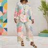 Women Plus Size Round Neck Long Sleeve Printed Layered Top Wide Leg Cropped Pants Two Piece Set