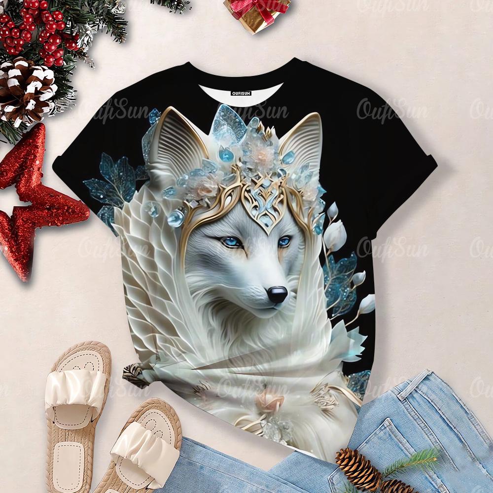 Nové dámské tričko s potiskem 3d Wolf Topy nadměrné velikosti Košile s kulatým výstřihem a krátkým rukávem Módní návrhářka Oblečení Madam Denní ležérní trička