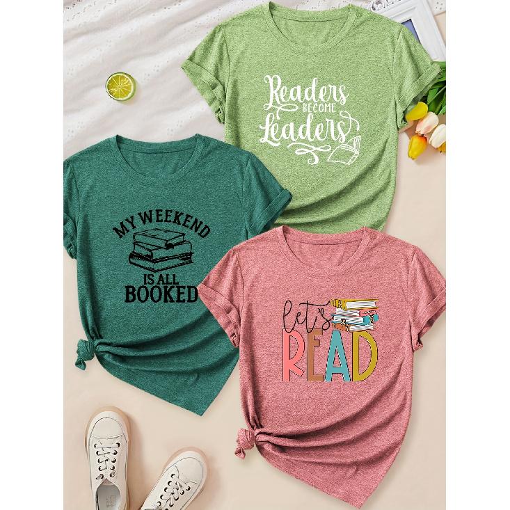 Fashionable casual weekend reading book combination with printed pattern and round neck3Short-sleeved shirt T Shirts for women in spring, summer,