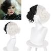HAIRJOY Synthetic Hair Cosplay Cruella Loose Curl Bob with Neat Bang Black White Wig for Women Halloween Costume