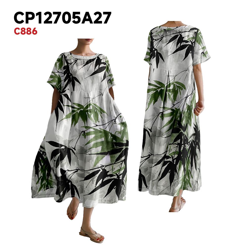 

Летнее платье большого размера с принтом тушью бамбуковых листьев - Универсальный европейский и американский стиль, круглый вырез, короткий рукав L