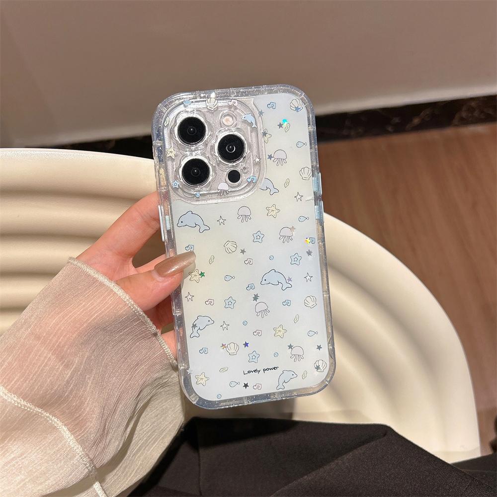 Cute Ocean Dolphin Phone Case for iPhone 13 14 15 16 Pro Max Fundas with Charm INS Korean Luxury Glitter Stylish Protective Cove