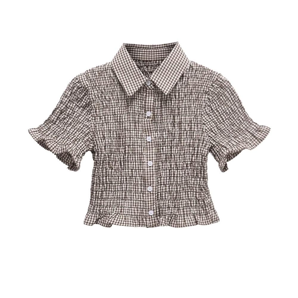 

Spring 2025 Slim Fit Plaid Frill Shirt - Women s Spicy Girl Style with Turn-Down Collar XS