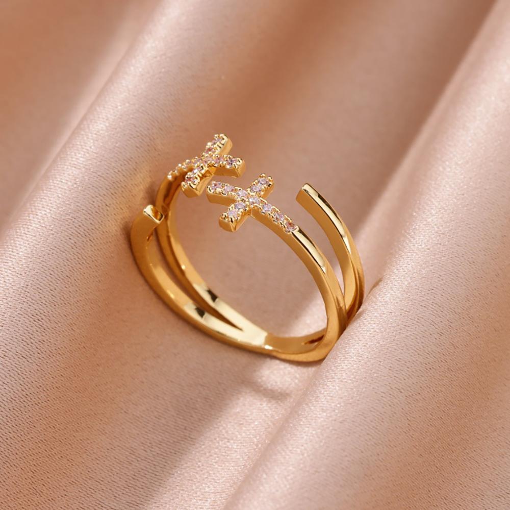 Zircon Chain Cross Rings For Women Vintage Gold Color Stainless Steel Geometric Open Ring Fashion Wedding Aesthetic Jewelry Gift