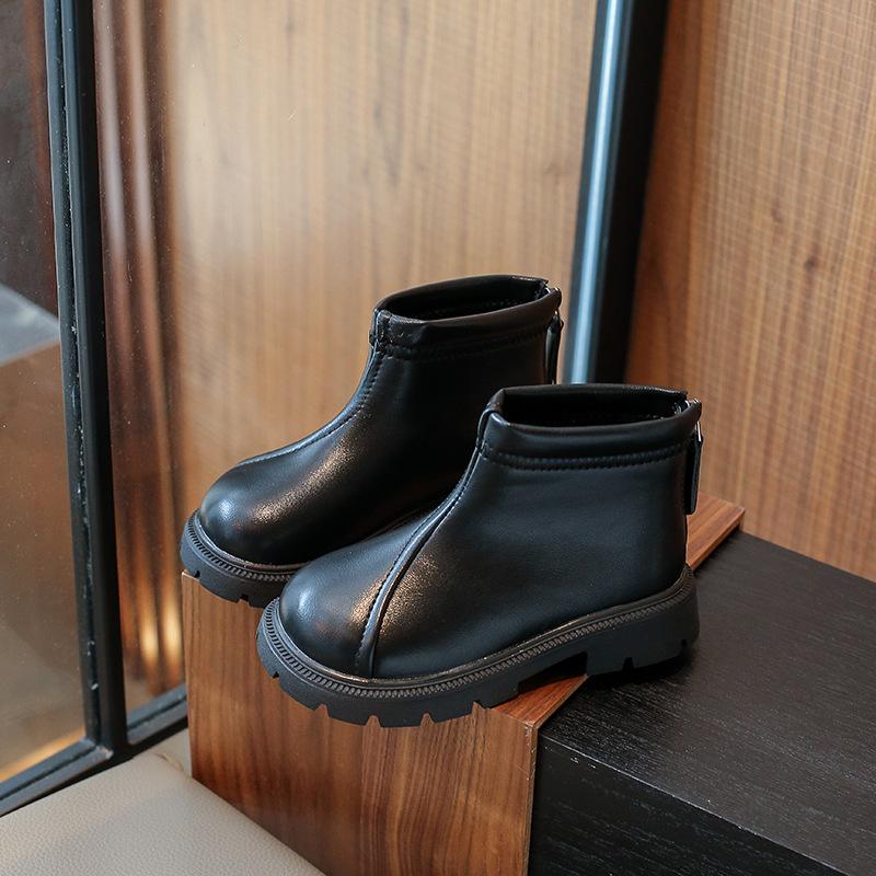 Autumn Winter Kids Boots Girls Waterproof Non-slip Solid Zipper Soft Sole Leather Boots Children's Casual Shoes
