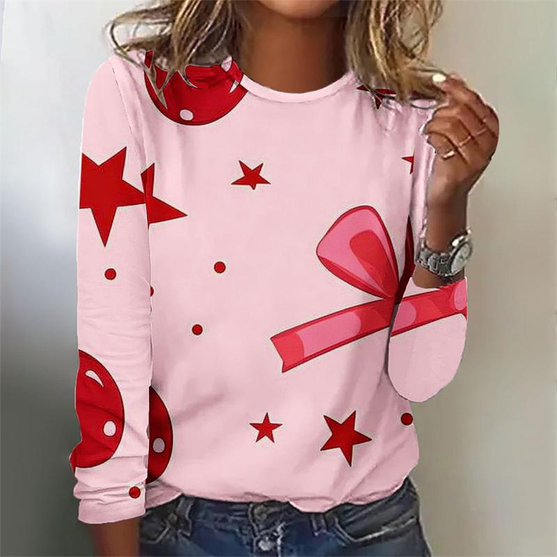 Spring and Autumn Round Neck 3D Love Heart Graphic Printed Top Fashionable Elegant Casual Long Sleeved Women's T-shirts