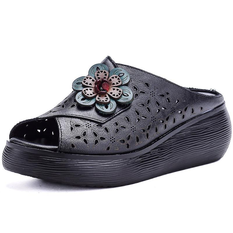 Summer New Thick-soled Retro Outer Slippers Women's Real Cowhide Fish Mouth Hollow Breathable Slope Heel Cool Slippers