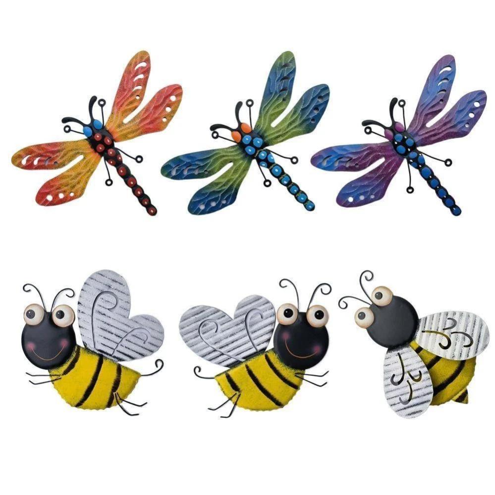 1 Pcs Outdoor Dragonfly Bee Decoration Colorful 3d Iron Wall Hanging Art Sculpture Garden Supplies Garden Statues Sculptures