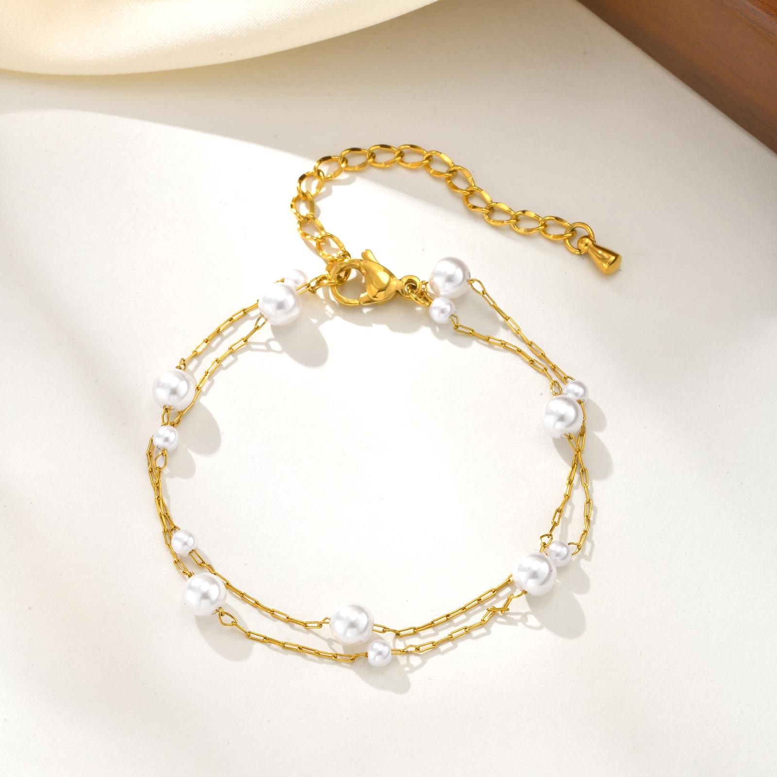 

High Quality Imitation Pearl Double-layer Bracelet for Women, Fashion Stainless Steel Chain Bracelet, Elegant Aesthetic Jewelry