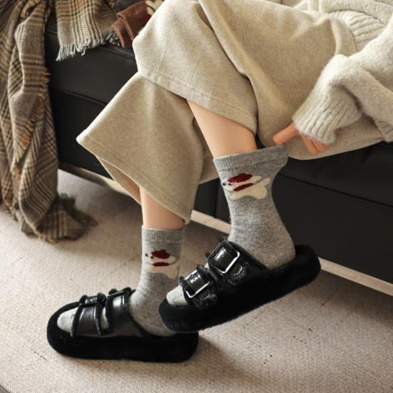 1/5 Pairs Student Socks Cartoon Puppy Design Thickened Fleece Lining Socks Winter Warmth Stretch Fit Socks