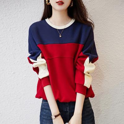 Korean Spring Autumn New Women's O-Neck Contrast Color Patchwork Fashion Casual Loose Long Sleeve Pullovers Sweatshirts Tops