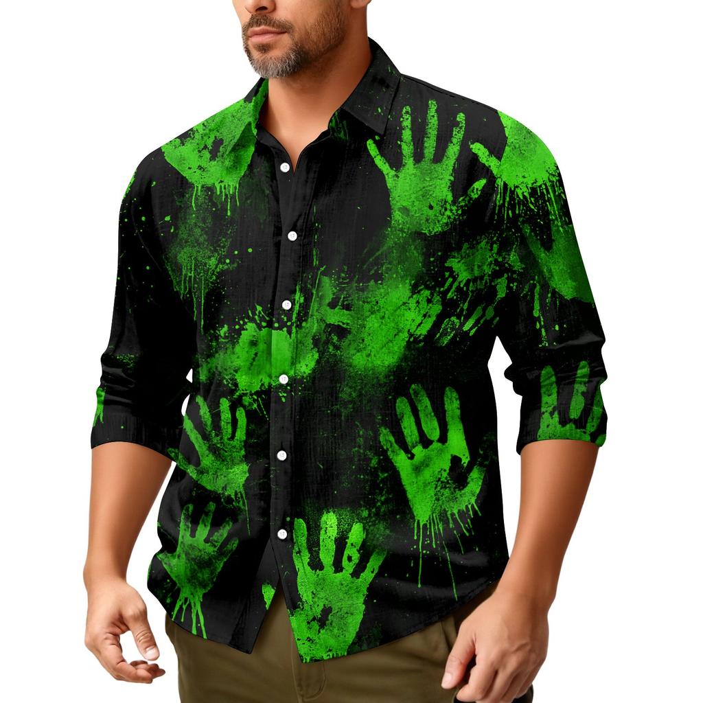 Camicia da uomo a maniche lunghe con bottoni, vestibilità ampia, casual, a tema Halloween, stampa, tessuto comodo e leggero