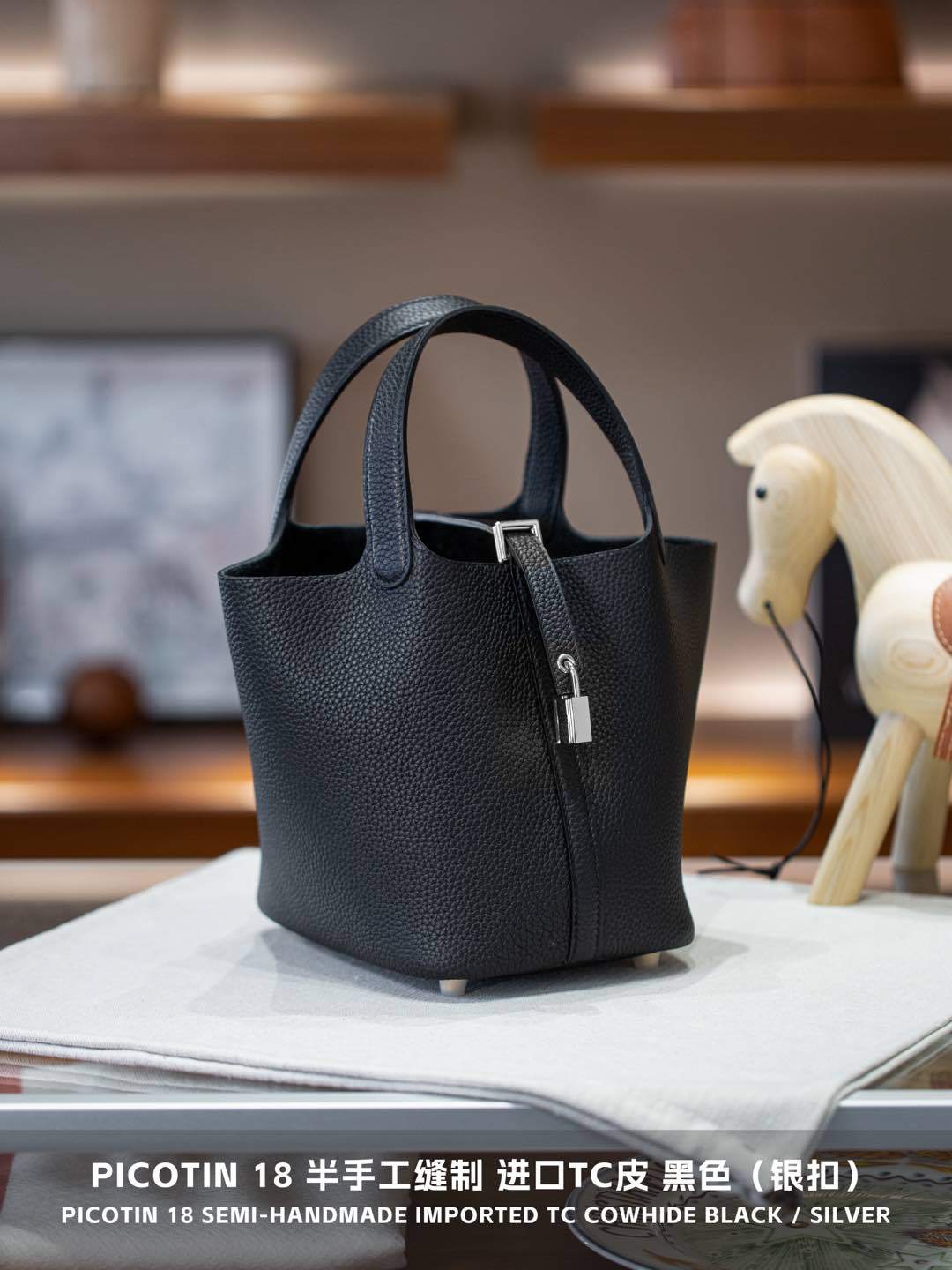 Borsa Tote Picotin18 a Mezzo Manico in Pelle Bovina di Primo Strato Cento Stili Classica Borsa da Donna Borsa a Mano 18cm argento/nero