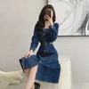 Women's Double Collar Denim A-line Dress - High Waist, Slimming, 2023 Autumn Collection