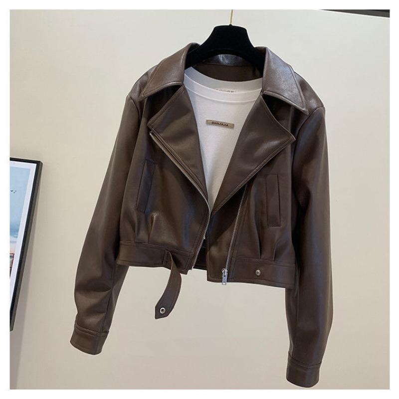 Kožená bunda Dámská 2025 Jaro Nový temperament Klopa Krátký PU Kožený Větrovka