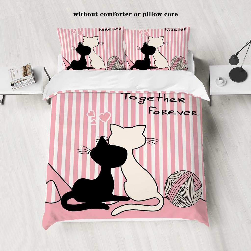 3-piece Down Duvet Cover with Couple Cat Pattern Print (1 Down Duvet Cover+2 Pillowcases, No Core) Soft Bedding Set