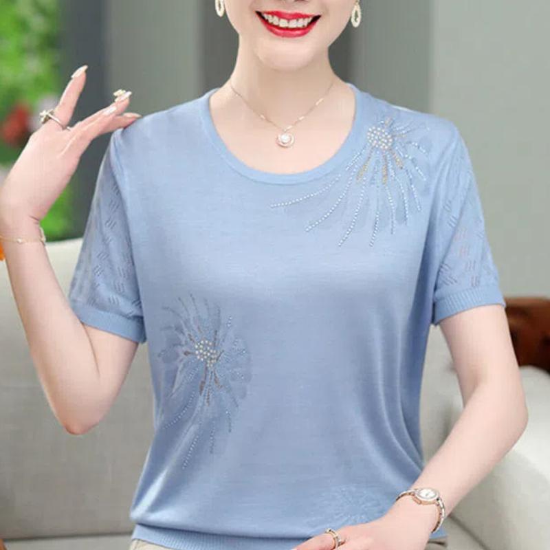Simplicity Summer Women's Round Neck Solid Diamonds Ice Silk Hollow Out Korean Fashion Loose Short Sleeve Knitting T-Shirts Tops