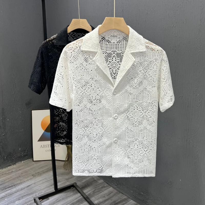 Pánská košile Nová Krátký rukáv Letní Tenká Ležérní Retro Prodyšná Prolamovaný Krajkový Top Elegantní Out Hombre Módní