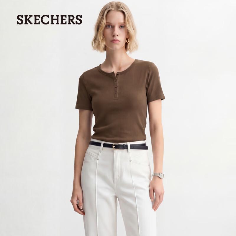 Skechers Women s Classic Slim-Fit Henley Knit Short Sleeve T-Shirt L226W102 L 95
