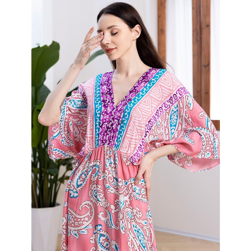 Plus Size Boho Kaftan Dress, Women's Plus Maxi Cover Up Dress
