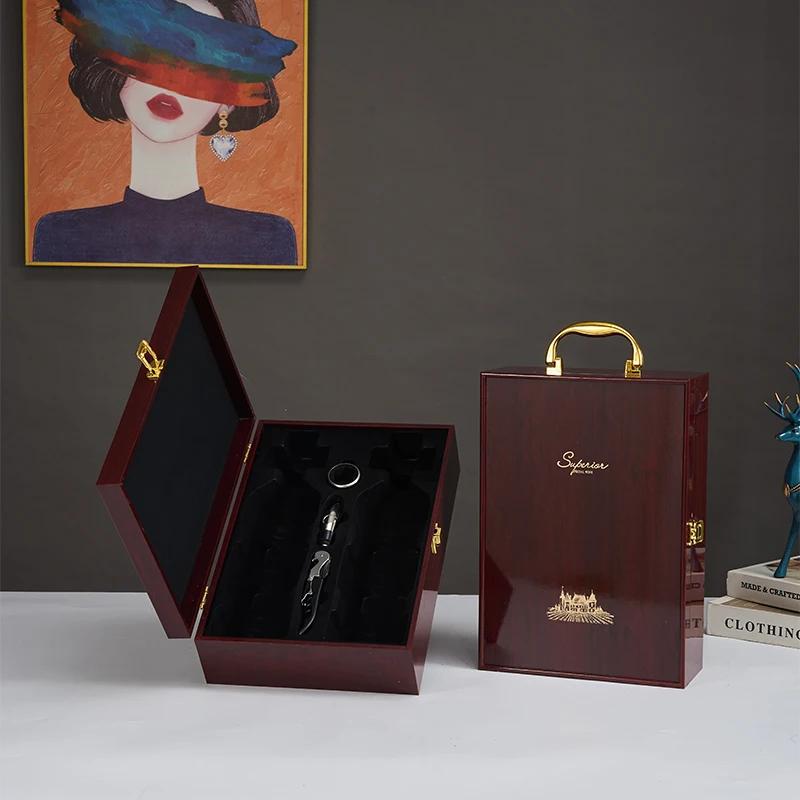 Single/Double Leather Box Wine Bottle Box Luxury Handle Wooden Organizer Gift Wood Wine Holder for 2 Red Wine Packaging