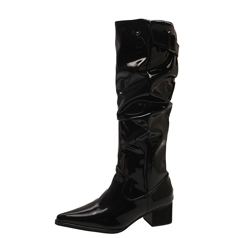 Beliebter Stil großer Schaftumfang Rindsleder Westernstiefel neu vielseitig spitz zulaufend Spleißung Gürtelschnalle dicker Absatz hohe Stiefel Damen