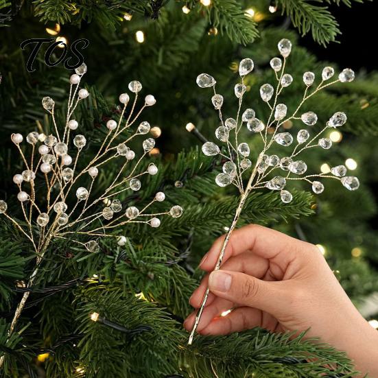 Elegant Mantlepiece Display Accents Faux Crystal Christmas Tree Picks with Bendable Wire, Acrylic Pearl Sprays Festive Bouquet Filler Strands