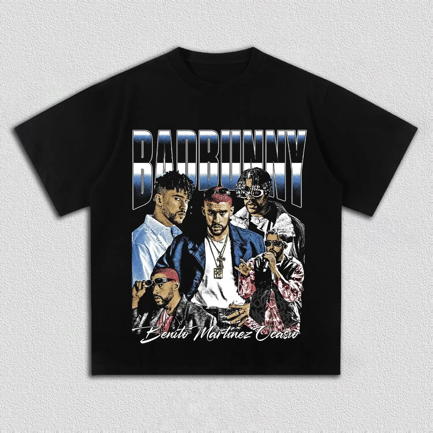 

Bad Bunny portrait graphic 100cotton unisex shirt 2026 Summer New Oneck Unisexs Y2k Hip Hop style Short Sleeve Tshirt fan gift M
