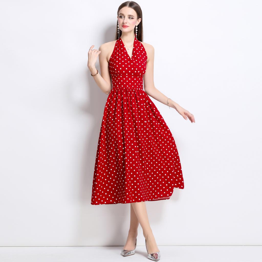 Letní Dámské Elegantní Halter Šaty Midi s Otevřenými Zády a Puntíky na Párty