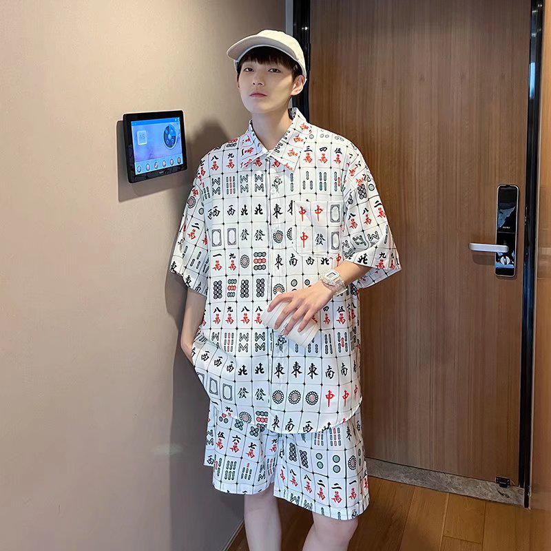 

Мужской летний модный комплект с принтом маджонга, с коротким рукавом, в стиле хип-хоп, уличная одежда, рубашка и шорты XL