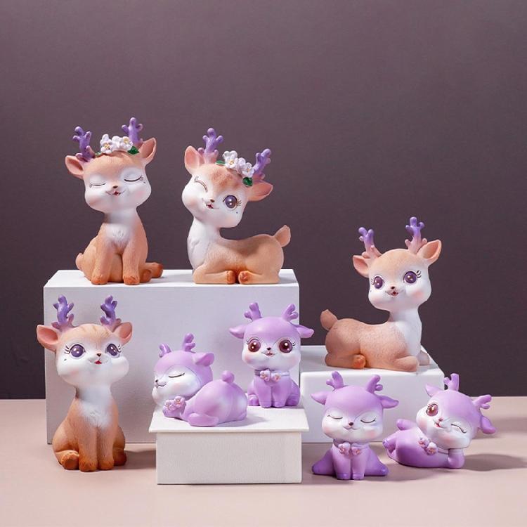 Mini Reindeer Statue Cartoon Fawn Elk Pattern Figurine Animal Cake Topper Desk