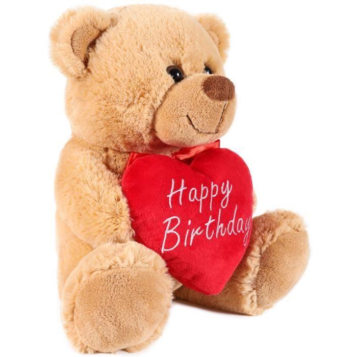 Peluche ours - brubaker - nounours - 25 cm - brun - cœur en peluche inclus